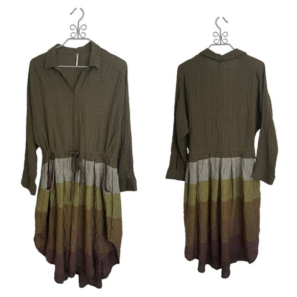 Free People Green Multi Colored Striped Pockets Drawstring Hi Lo Tunic Dress - M - Picture 1 of 6